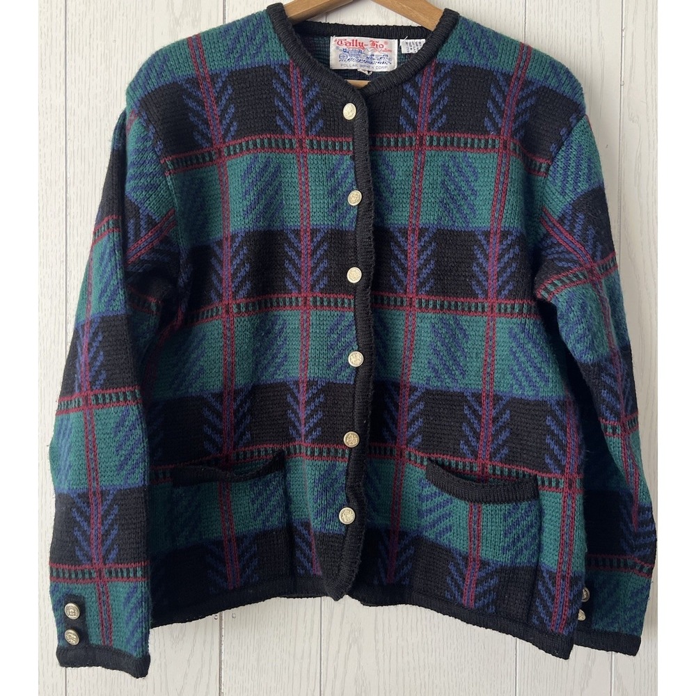 Vintage 90s Tally Ho Plaid Cardigan Sweater Womens M Gold Crest Buttons Preppy